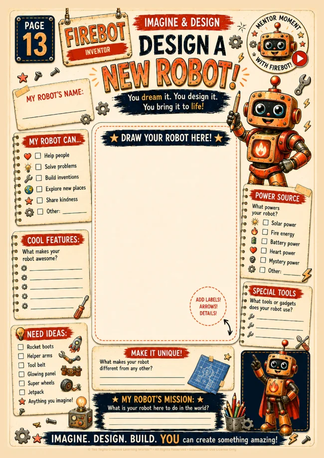 A Firebot journal activity inviting the learner to design a new robot